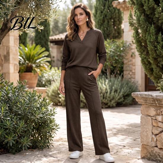Damen Sportanzüge Sweatshirt Hose 2-teiliges Set, V-Ausschnitt Langarm Oberteil & Weiter Passender Lounge Set Hosen mit Elastischem Bund, Einfarbig