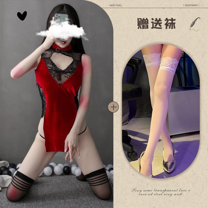 New sex underwear women's sexy Republic of China velvet perspective backless cheongsam seduction suit