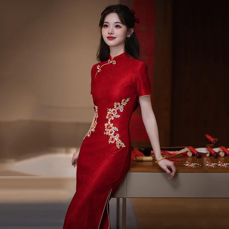 Embroidery Red National Style New Chinese Style Long Improved Cheongsam Women's Premium Bridal Toast Engagement Door Dress
