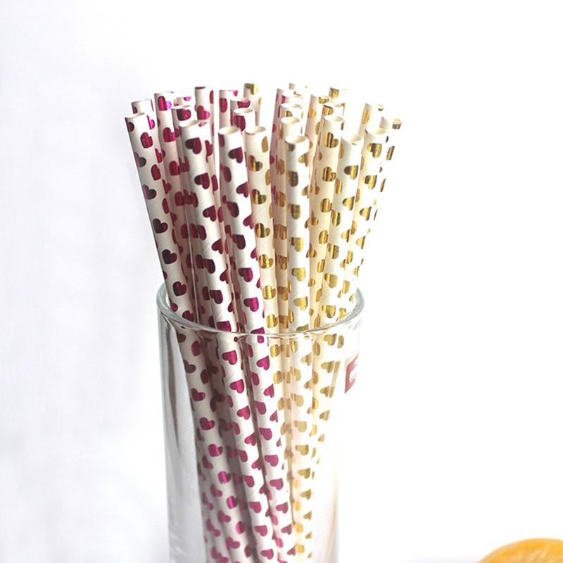 25Pcs/Bag Happy New Year Drinking Paper Straws Heart Foil Disposable Paper Staw Happy Birthday