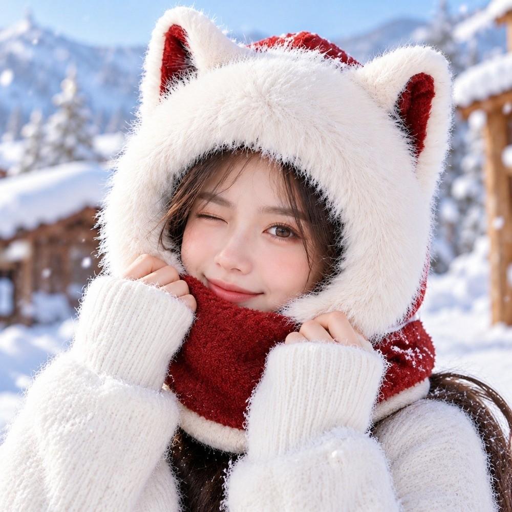 keep warm Women's Scarf Hat Thick Fluffy Hat Scarf Cute Ear Protection Hat Winter
