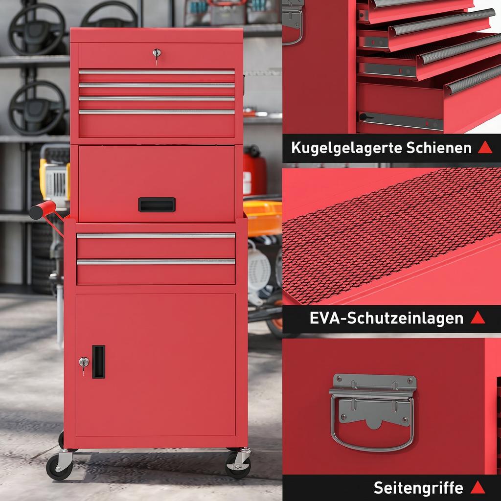 Three-Part Steel Locking Tool Chest - Red