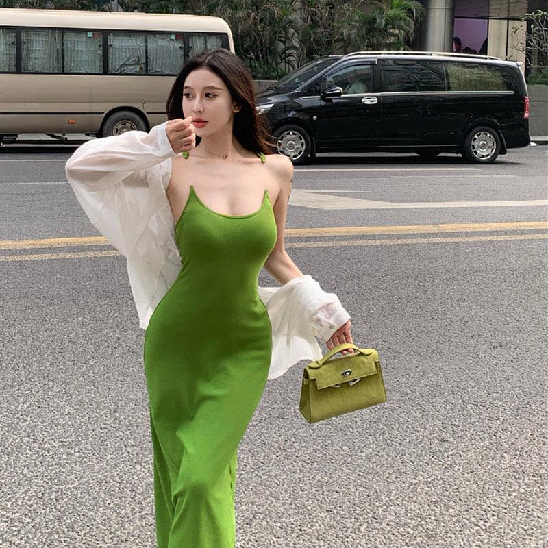 Black Spice Girl Sexy Hip Wrap Suspender Dress Rose Red French Temperament Slim Tight Skinny Waist Long Dress Female Summer