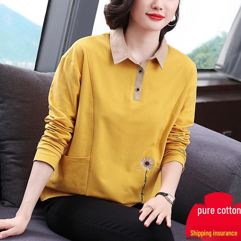 Herbst Baumwolle Langarm Umlegekragen Übergröße Oberteil für Damen