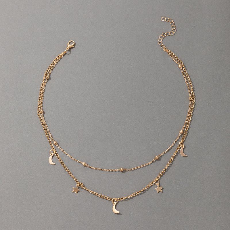 Korean Double Layer Beaded Necklace with Moon and Star Charm