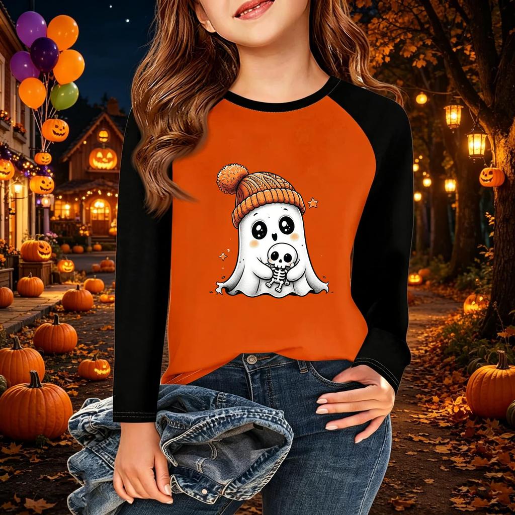 Kids Halloween Print Long Sleeve T-Shirt Casual Round Neck Top for Party and Daily Wear