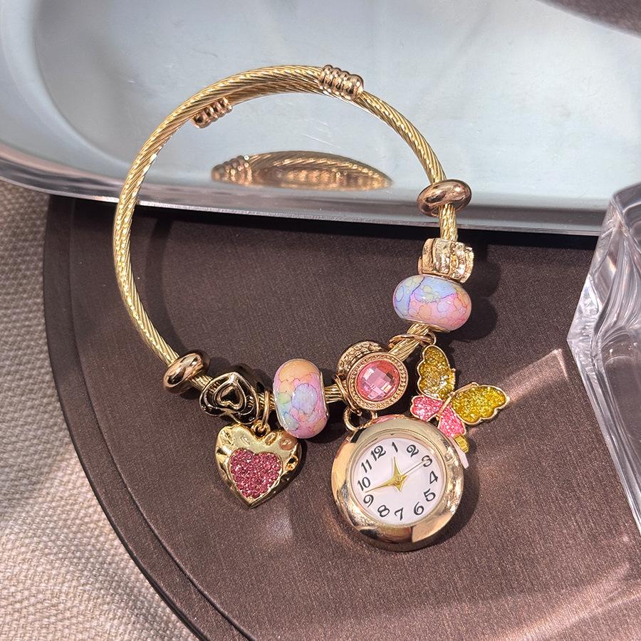 Women Open‑Adjustable Alloy‑Bracelet Quartz Watch Gold‑Tone Beaded‑Flower Pendant Wrist Watch