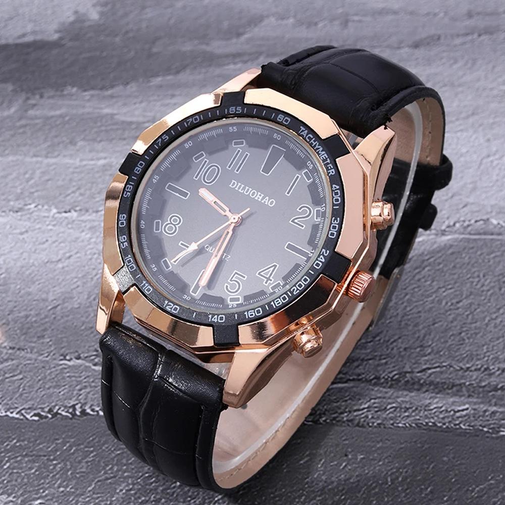 4PCS Watch Necklace Set, Business Men's Fashion Dial Quartz Calendar Watch, Luxury Men's PU Leather Watch, Ideal Gift for Men