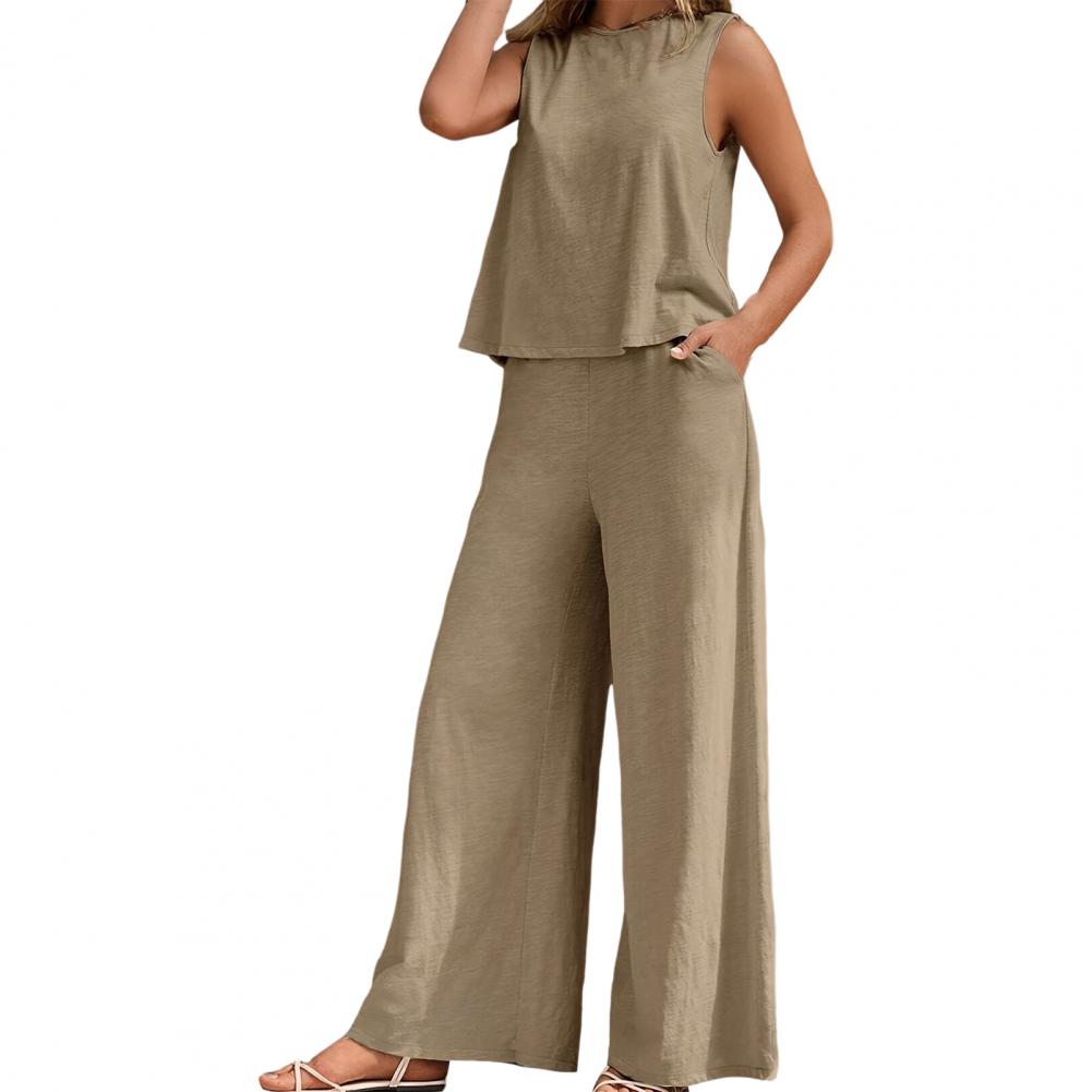 2 Pcs/Set Women Top Pants Set Solid Color Round Neck Sleeveless Loose Vest Wide Leg Side Pockets Trousers Daily Wear Commute Vac