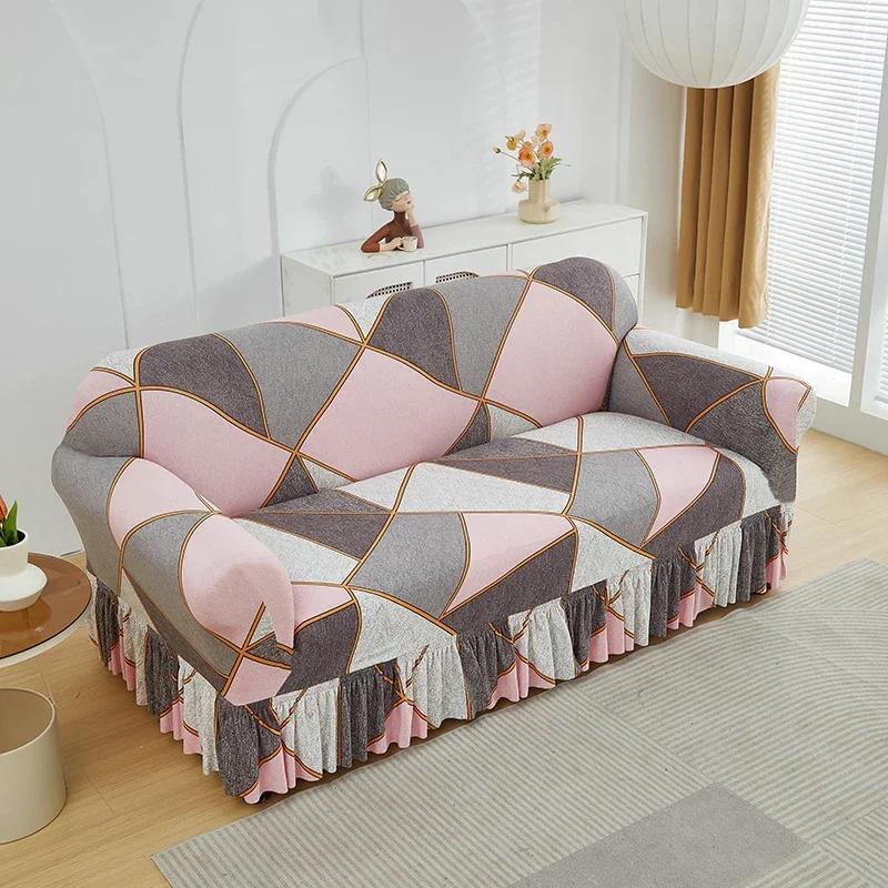 1pc Elastic Printed Sofa Slipcover With Skirt Sofa Cover Couch Cover  Furniture Protector Bedroom Office Living Room Home Decor