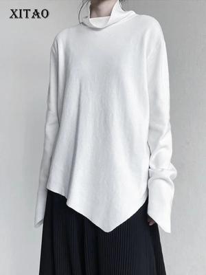 Pullover lavorati a maglia irregolari Semplicità Tinta unita Mezza collo alto Donna Autunno Casual Top asimmetrico HQQ1749