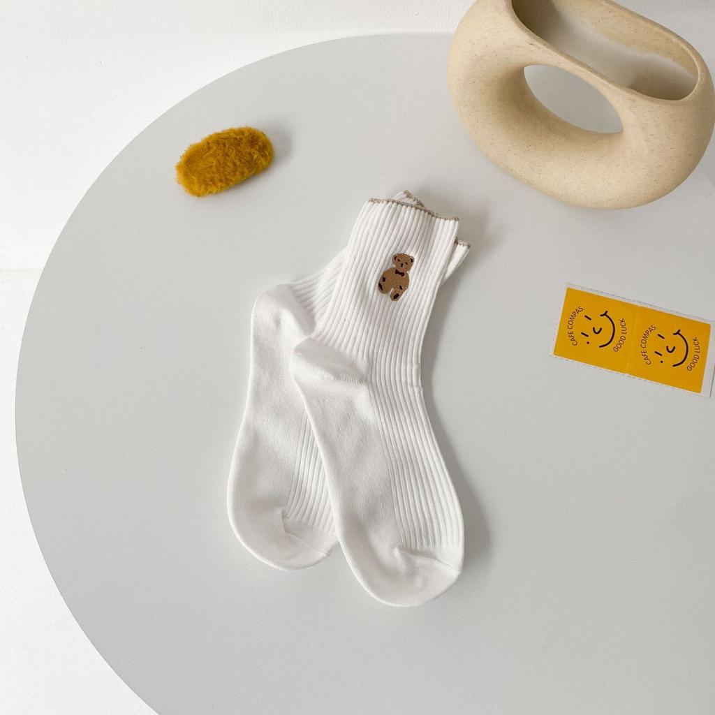 21 New Products Embroidered Bear Socks For Women, Simple And Cute College Style Socks, Casual Solid Color Medium Tube Socks Cotton.