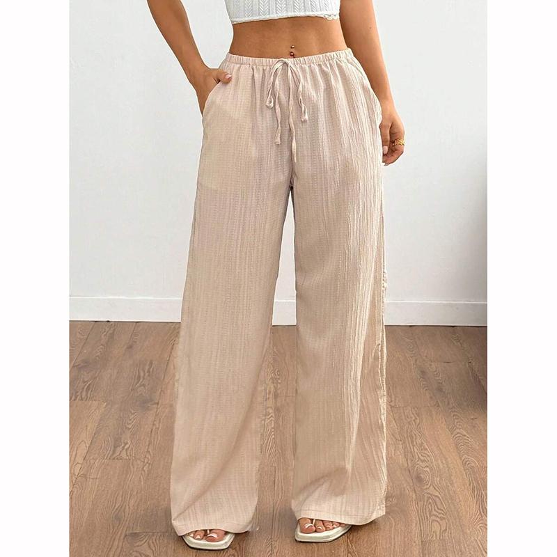 

Summer Women s Casual Solid Color Waist Belted Side Pocket Wide Leg Pants Style XXS