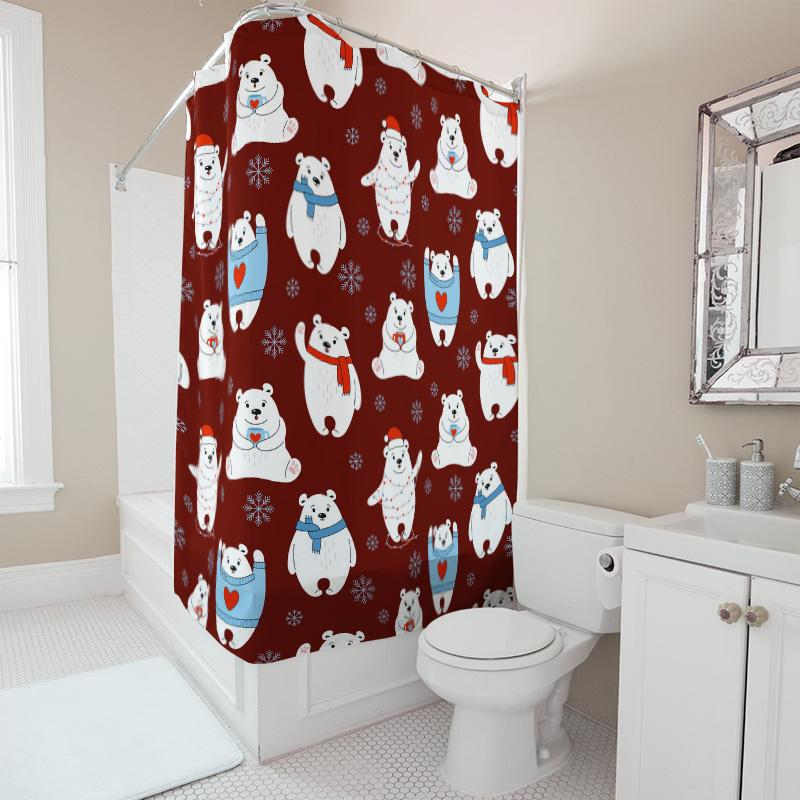 TU Cute Polar Bear Shower Curtain Winter Animal Pattern Bathroom Decor Waterproof Fabric Home Decor Farmhouse Style Washable