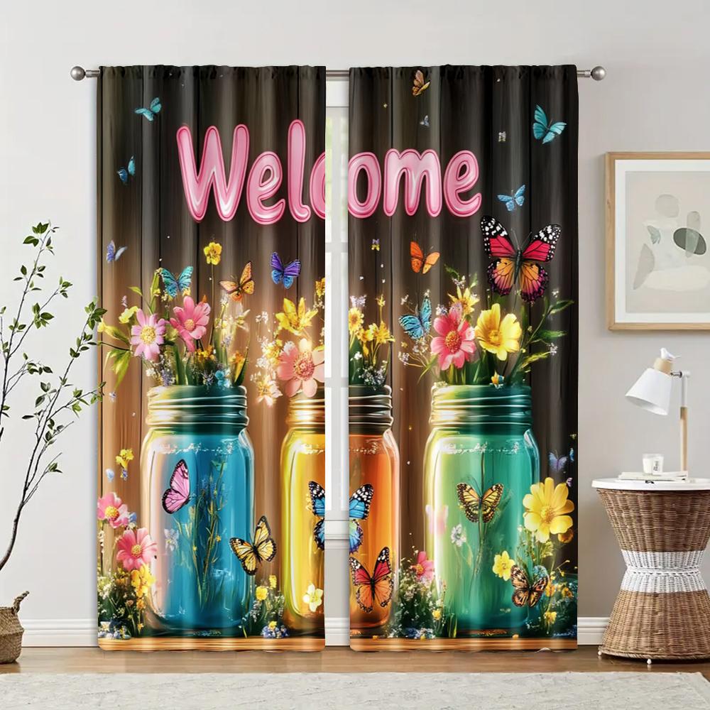 

Set Of 2 Filtering Curtains Excluding Rods Non Movable Without Batteries Butterfly Tulip Vase Use Bedrooms Living Made Polyester Sleeping Area Window W100*H70(CM)-Rod Pocket&2PCS
