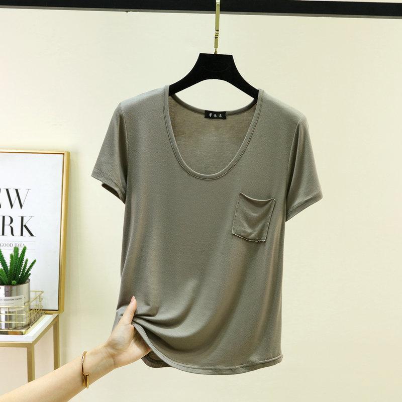 Women's U Neck T-Shirt 2026 Summer Modal Basic Short Sleeve Tshirts Loose Fit Relaxed Casual Tee Tops Solid Pocket Tees