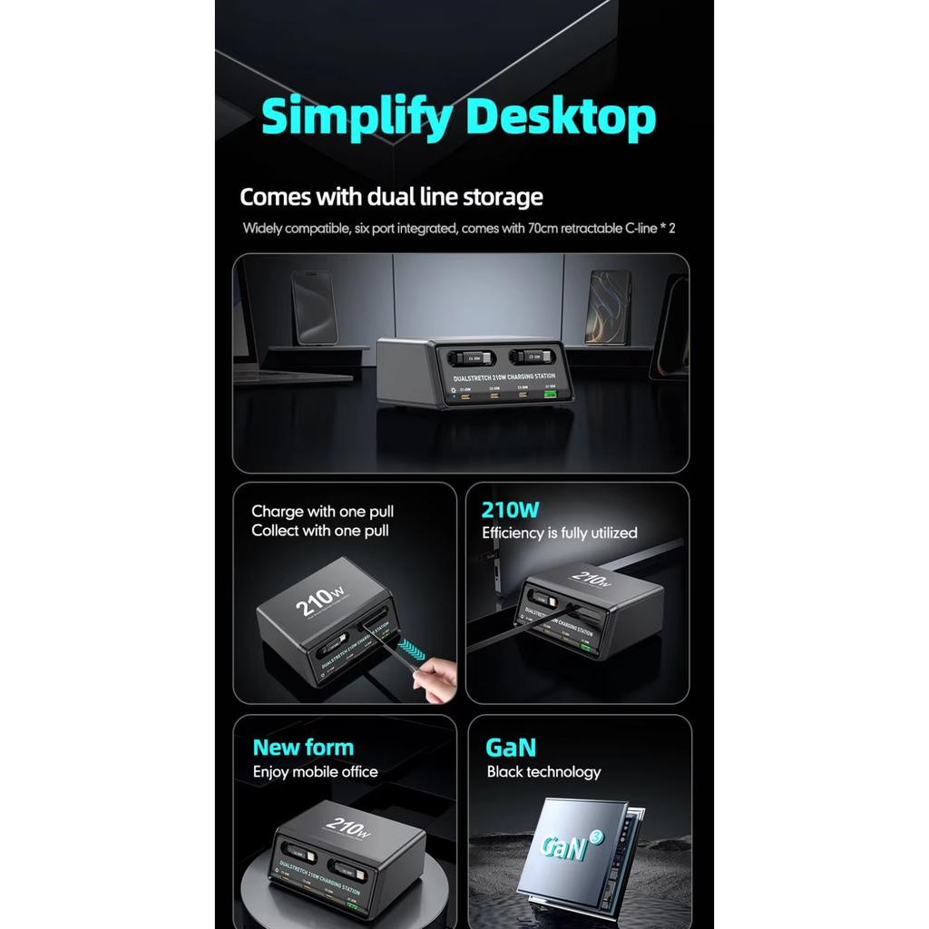 210W Retractable USB C Charger 70cm Telescopic Cable 6-in-1 Desktop Fast Charging Station for IPhone Tablet IPad