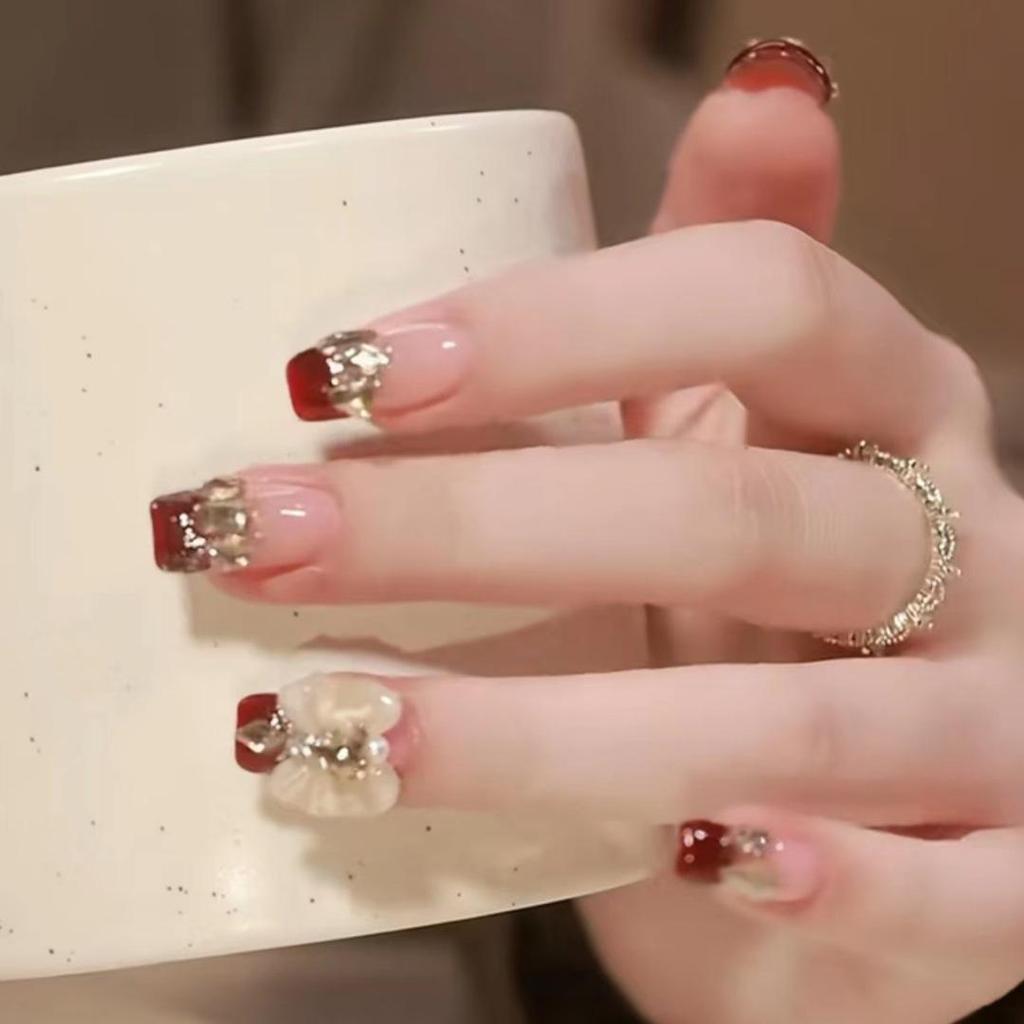 French Big Bow Diamond Press-On Nails: Medium Long Length Bridal Art Stickers