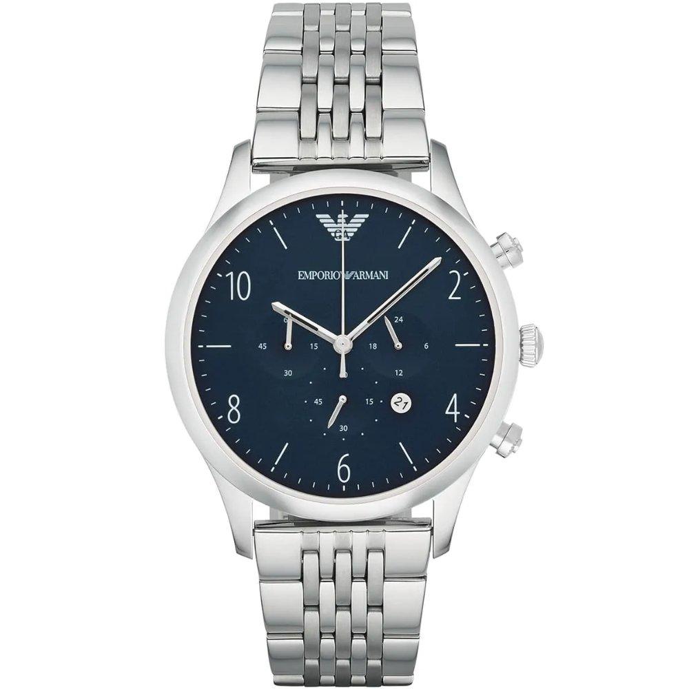 Emporio Armani AR1942 Herrenuhr mit blauem Zifferblatt und Chronograph 44mm silber