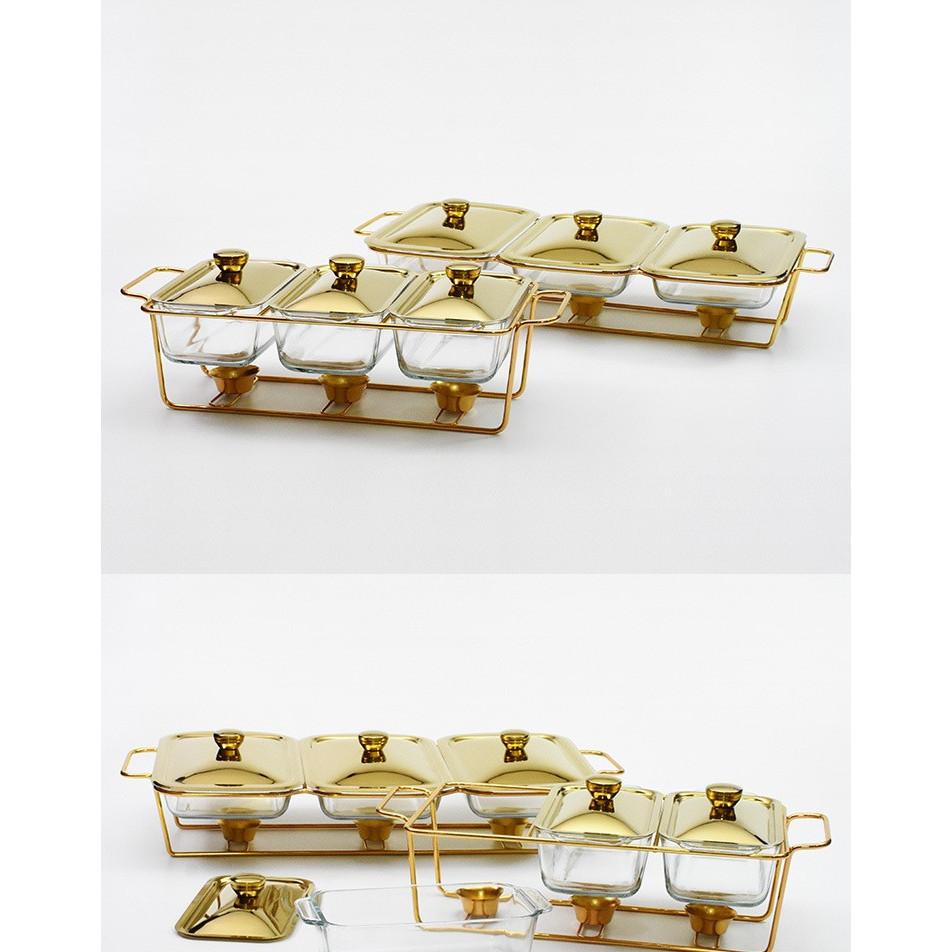 Chaffing Dish Golden Rectangular Three-Grid Glass Dining Stove Glass Heating Container Restaurant Buffet Stove