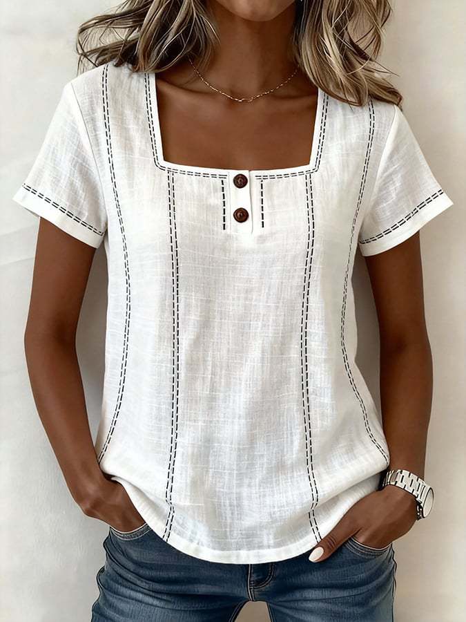 Women Casual Loose Printed Button Short Sleeve Blouse