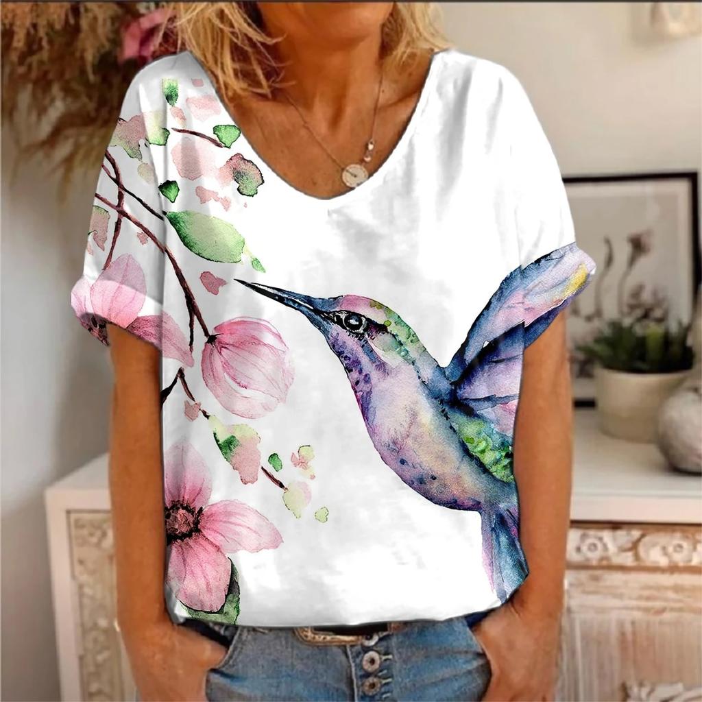 New animal bird 3d printing hummingbird t-shirt women's short-sleeved V-neck T-shirt women's clothing