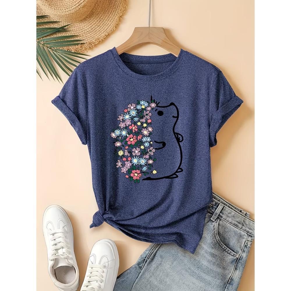 Summer Lady Clothes Crew Neck Short Sleeve Cartoon Hedgehog Graphic T Shirt Women's Outfits Casual Streetwear Soft Tees