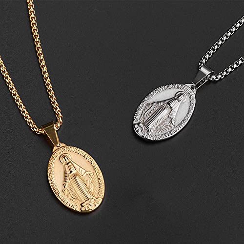 Deelfel Women's Gold Necklace with Venetian Chain, 45cm, Miraculous Medal, Virgin Mary Necklace, Oval, Amulet, Medal Pendant, Stainless Steel, Hypoall