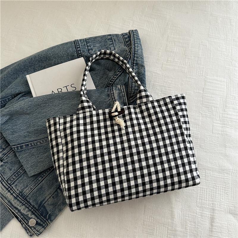 Blue White Gingham Canvas Tote Bag For Women Rope Toggle Closure Large Capacity Handbag Casual Shopping Bag For Commute Travel