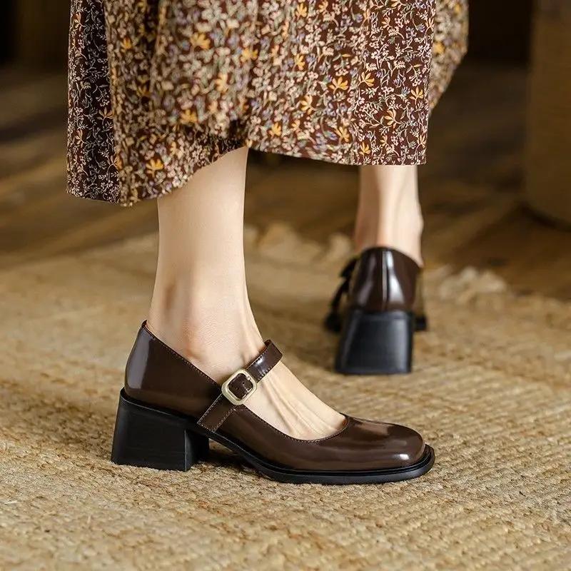 Fashion Women's Shoes Block Heel Square Toe with Medium Heels Japanese Style Lolita Mary Jane Gothic Chunky Buckle Ladies Footwear Trend