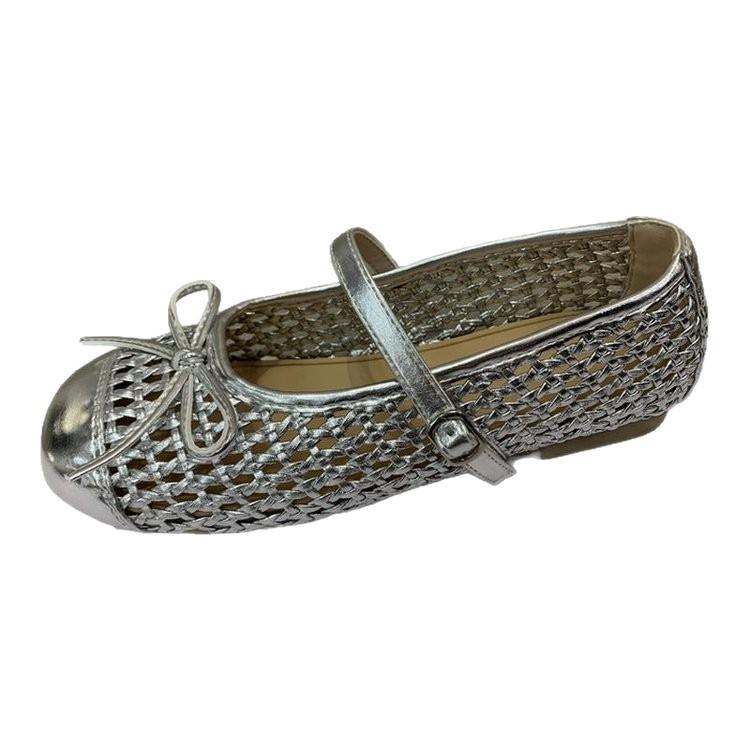Ballet style bow hollow woven one-word buckle shallow mouth single shoes women's spring and summer 2025 new x Mary Jane shoes