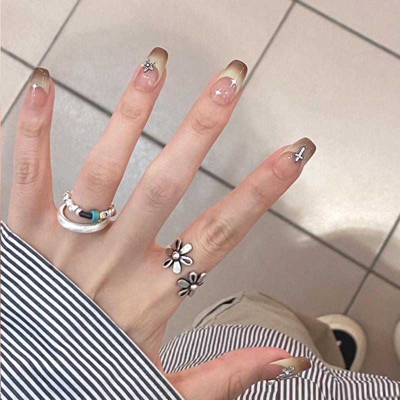 

Gradient Grey-Green French Nail Stickers: Short Ballerina Fake Nails UV Gel Polish Set