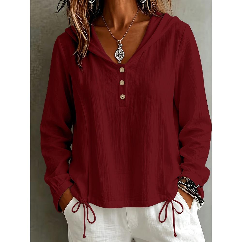 Herbst Winter Mode Lässig Einfarbig Knopf Kapuze Langarm Hemd Damen Oberteil Bluse