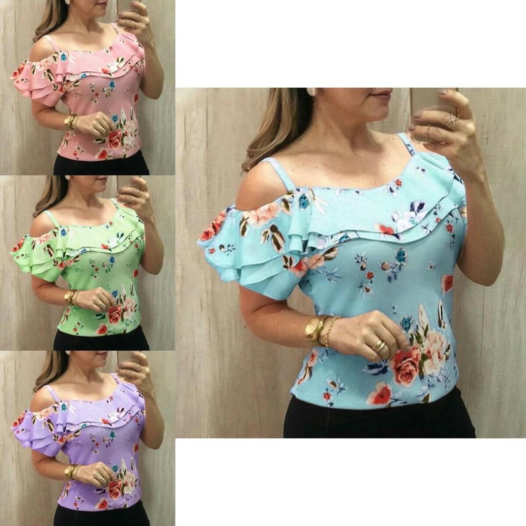 Floral Print Women Cold Shoulder Tops Summer Beach Tank Tops Vest Shirt Blouses