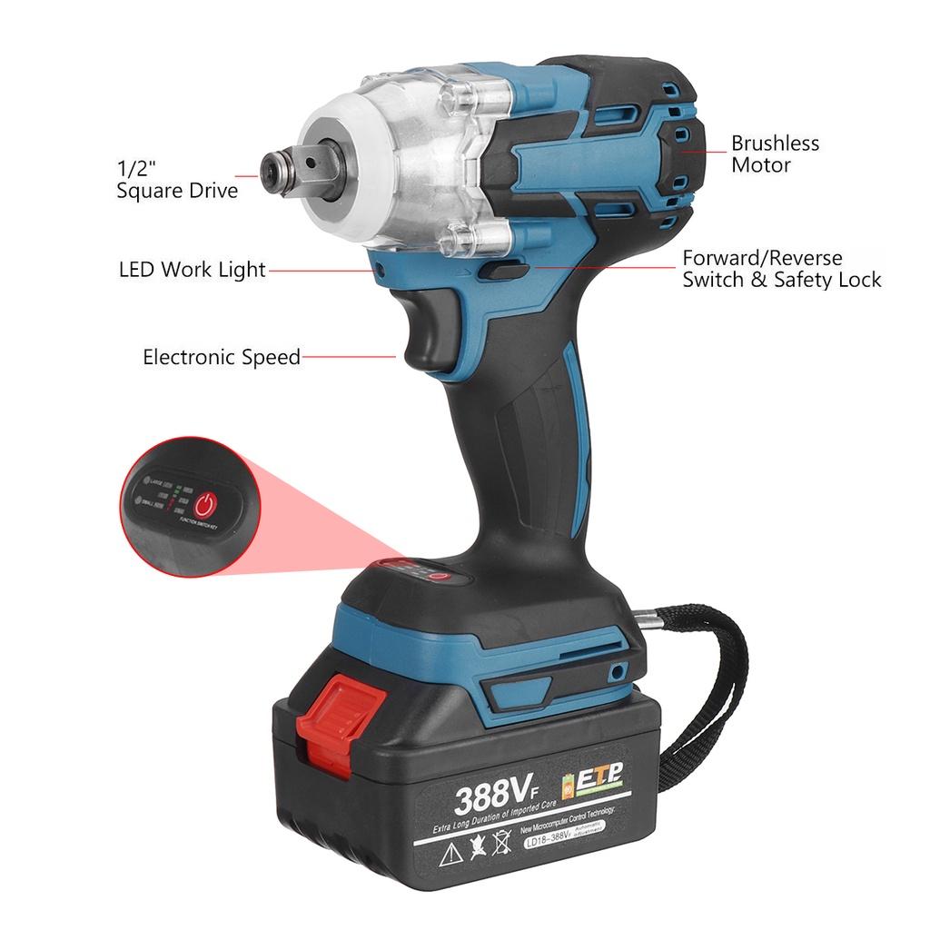 21V 520Nm Torque Rechargeable Cordless Brushless Electric Impact Wrench with 2 Battery Power Tools 1/2" Electric Wrench