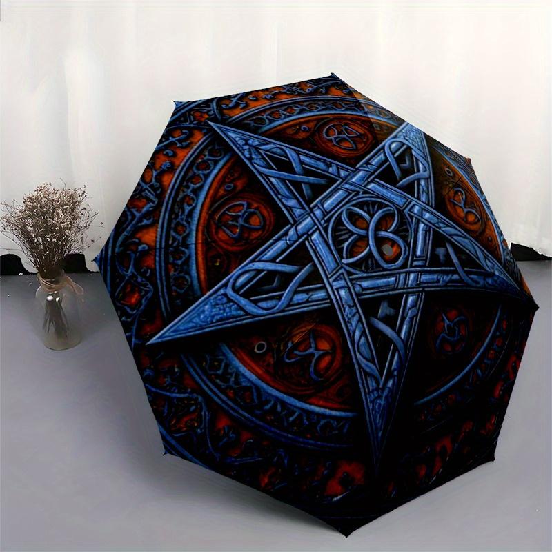 Blue Pentagram Symbol Decorative Wall Art Print Umbrella, Cute Umbrella with Cute Design, Portable 3-Fold Compact Umbrella for Men & Women, Valentine'