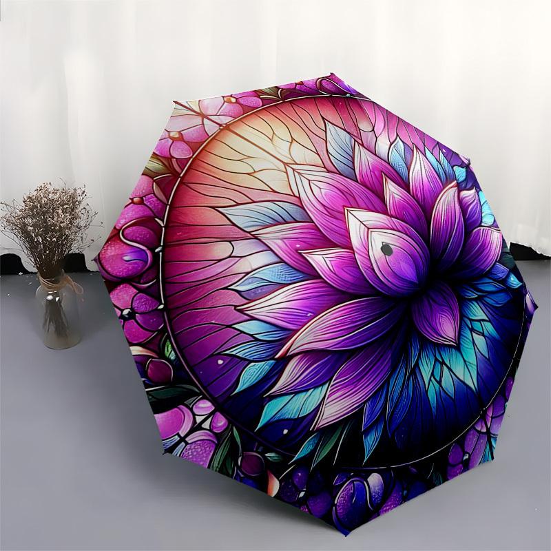 1pc Stained Glass Lotus Flower Automatic Folding Umbrella - Portable 3-Fold Design, 8-Rib Iron Frame Outdoor Umbrella, Ideal Gift for Fans, Travelers,