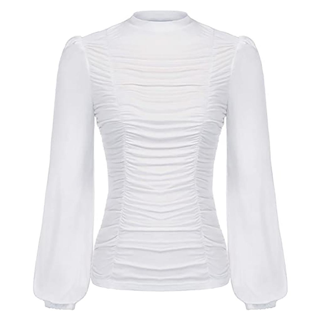 Women's Fashion Solid Color Long  Sleeves High Neck Pleated Slim Top