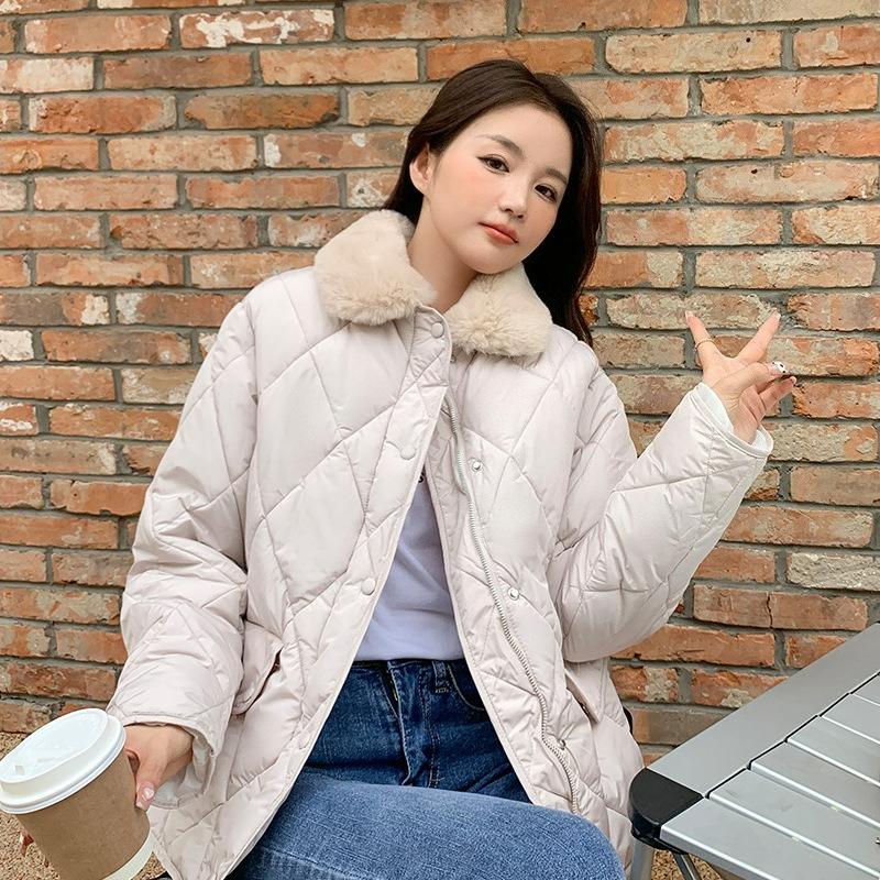 Short Stitching Lamb Wool Collar Lightweight Rhombic Cotton Jacket Women's Autumn and Winter Casual Warm Padded Jacket