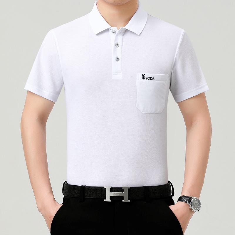 Tricou bărbătesc din mătase glacială cu rever și buzunare reale pentru persoane de vârstă mijlocie și vârstnici - cămașă de vară cu mânecă scurtă