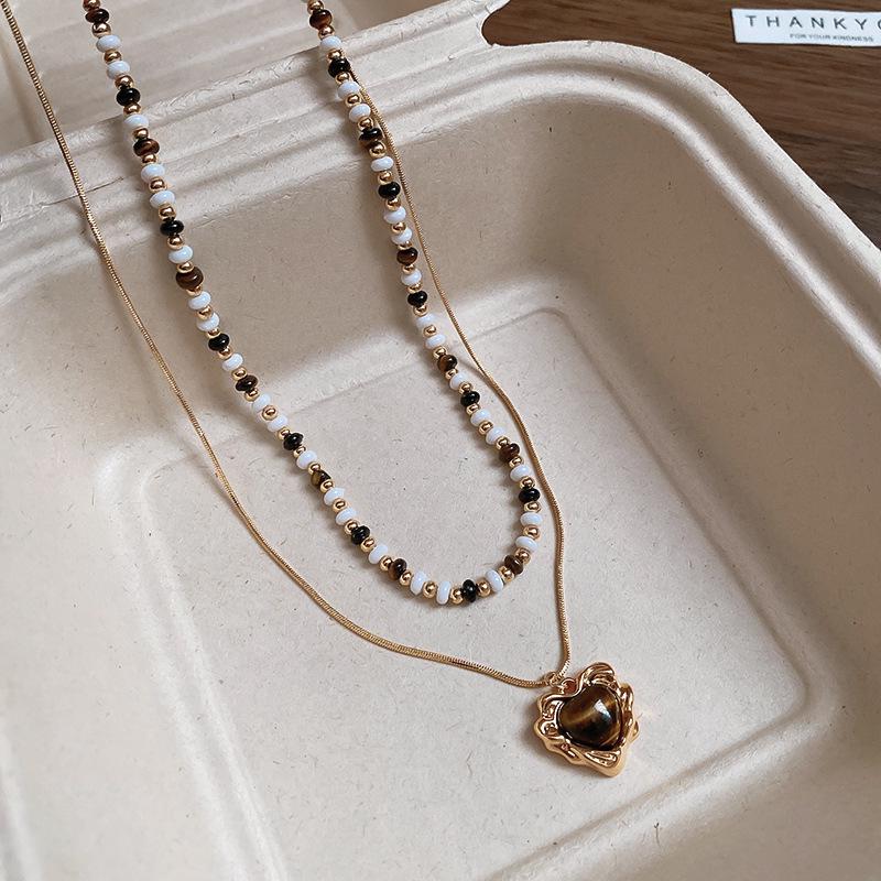 Maillard Tiger Eye Bead Round Pendant Necklace - Retro Casual Style Sweater Chain, Simple and Versatile.