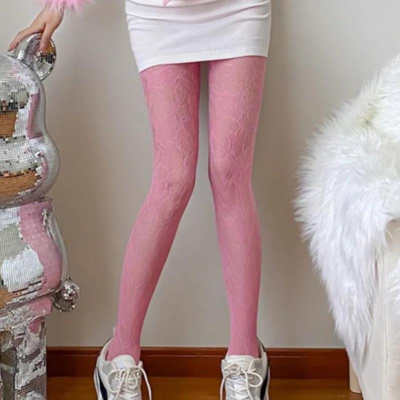 Black Silk Stockings, Fishnet Socks With Floral Patterns, Thin Mesh Lace-up Stockings, And Sheer Openwork Embroidered Tights.