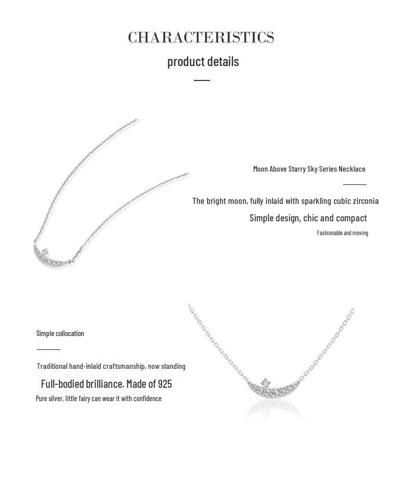 Kenjie S925 Sterling Silver Moon Zircon Clavicle Necklace – Korean Designer Style