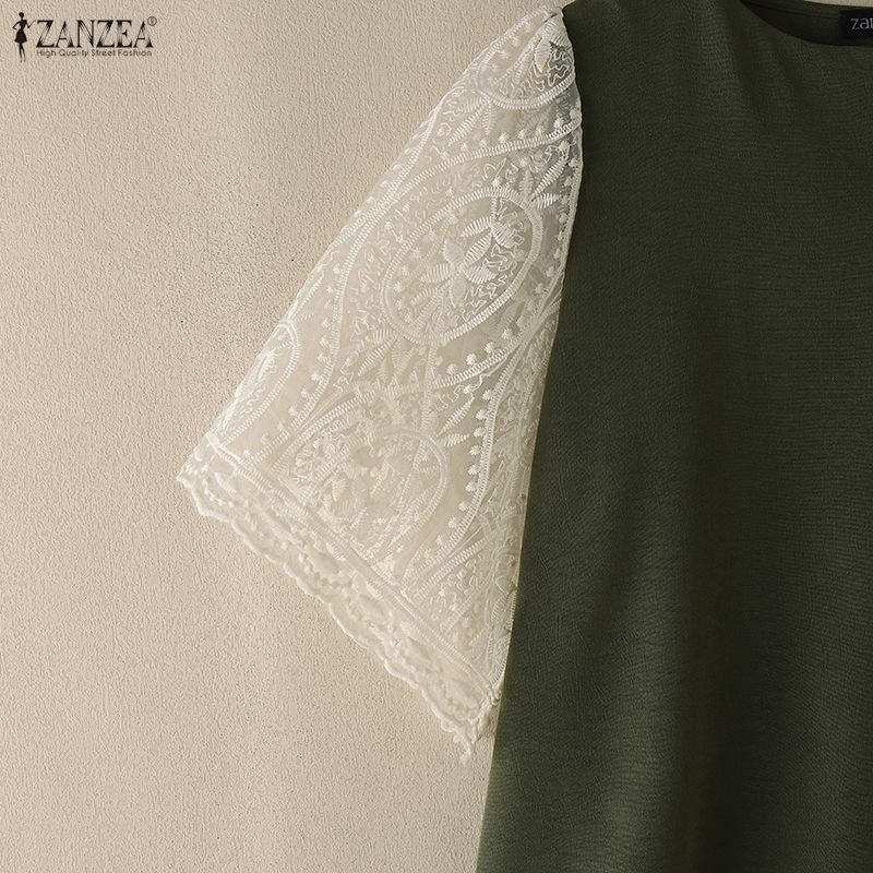 ZANZEA Women V-Neck Casual Lace Splice 3/4 Sleeve Loose Blouse