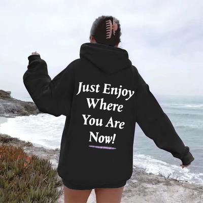 Autumn And Winter Shoulder Sleeves Women'S Clothing Letter Print Hooded Fleece Solid Color Sweater
