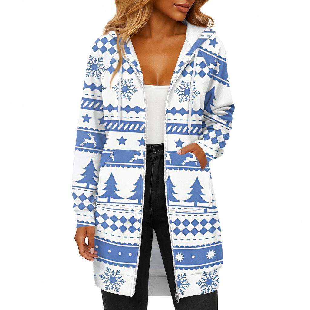 Women's Fashionable Christmas Printed Long Sleeved Drawstring Hooded Zipper Pocket Long Casual Sweatshirt Jacket