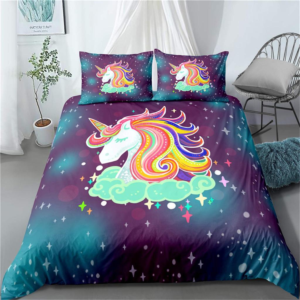 Unicorn Duvet Cover Set Purple Aqua Unicorn Bedding Set Full Size Rose Unicorn Flower Dreamy Cartoon Sparkle Lilac Bedspread