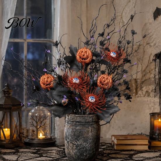 Festive Halloween Decor Artificial Branch with Pumpkin And Eyeball, Black Glitter Fake Twig Wall Decorations Maple Leaves for Gothic Vase Filler,