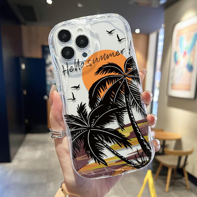 Cream Wave Curved Silicone Glossy Soft Case Sunset Coconut Tree Printed Shell Mobile Phone Back Cover for iPhone Samsung Xiaomi