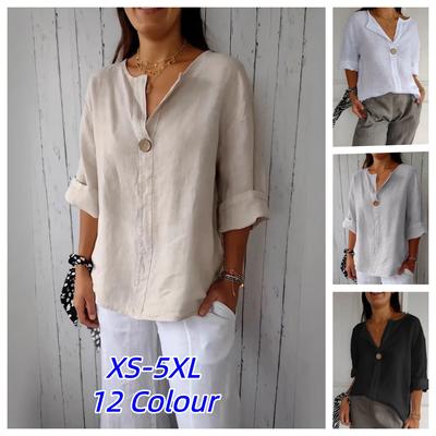 Loose Cotton Linen Button Up V Neck T Shirt Women's Summer New Style Cross Border Casual Top Fashionable Loose Fit Tee Blouse